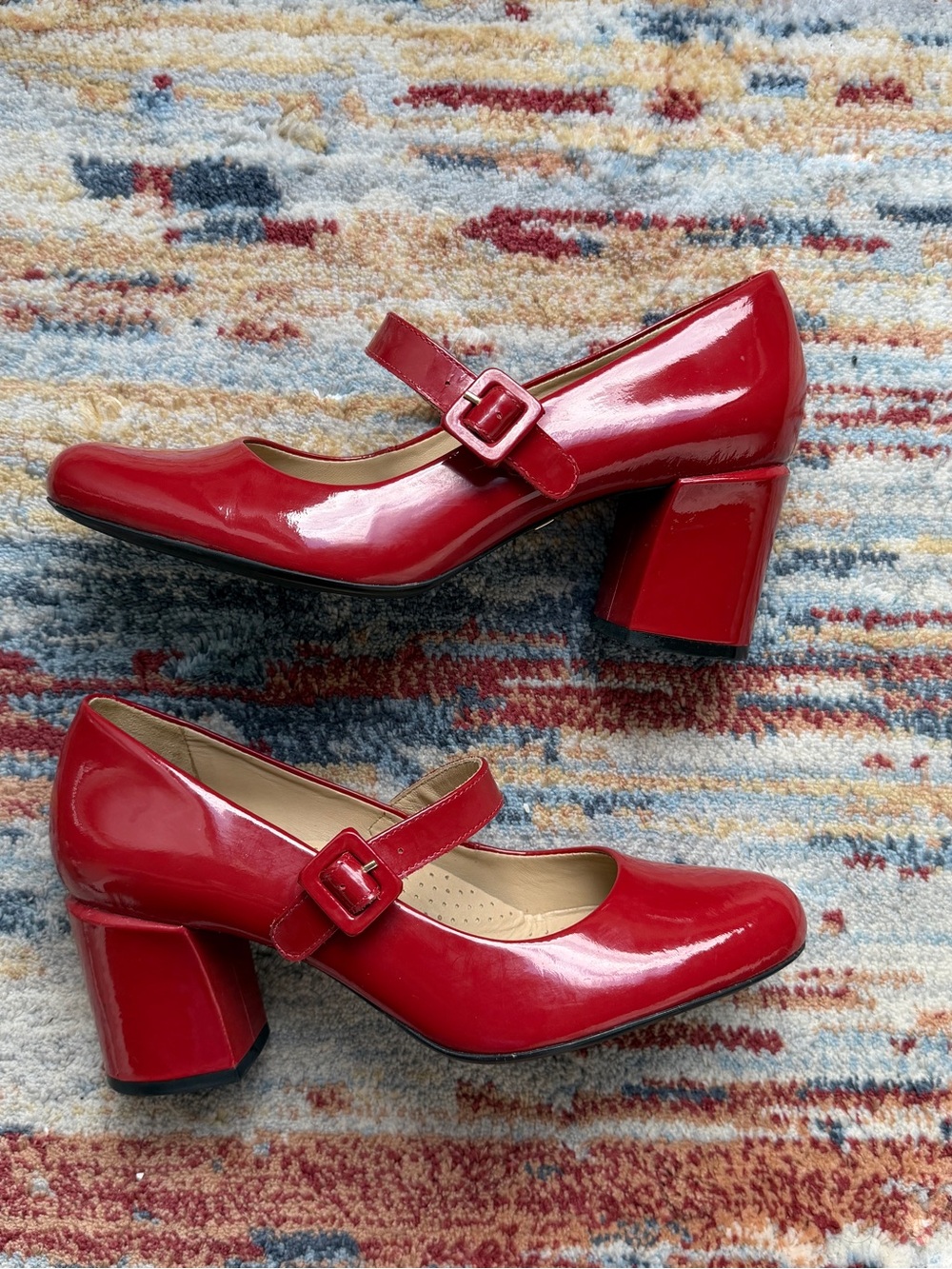 Patent Red Mary Jane Block Heel Pumps with Buckle Strap